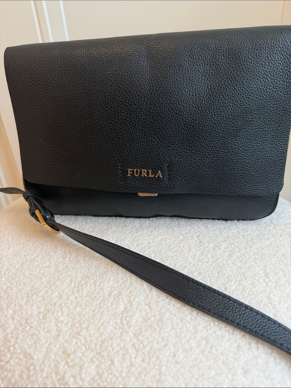 Furla Black Pebbled Leather Crossbody with Gold Logo